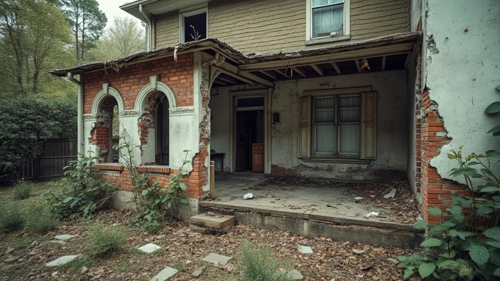 A neglected house with a crumbling porch.