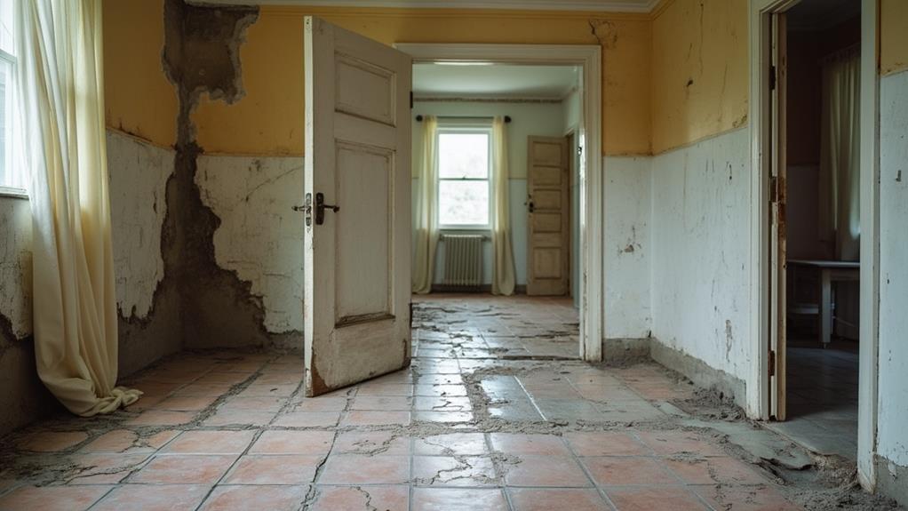 A dilapidated room with peeling paint and a cracked floor.