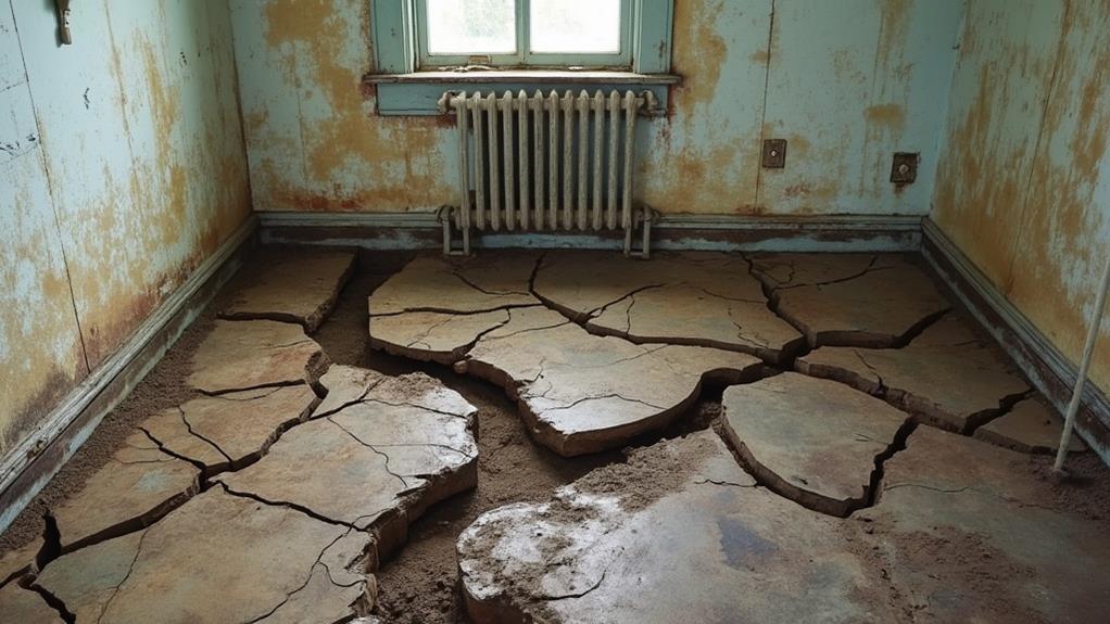 A cracked and damaged floor in an old house.